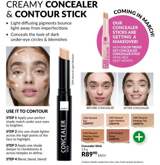 Product advertisement: concealer stick. Includes before/after photos, contouring instructions, and color swatches.