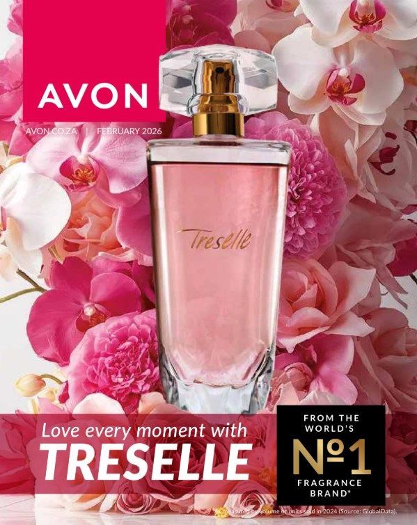 Avon Treselle perfume bottle surrounded by pink flowers; Avon February 2006.
