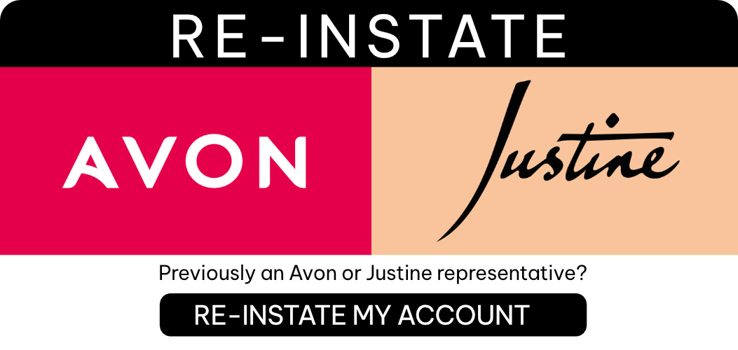 Advertisement for Avon and Justine, with logos and a call to reinstate accounts.
