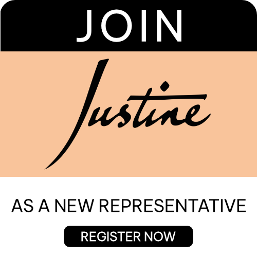 Join Justine as a new representative. Tan background, black and white text, and a