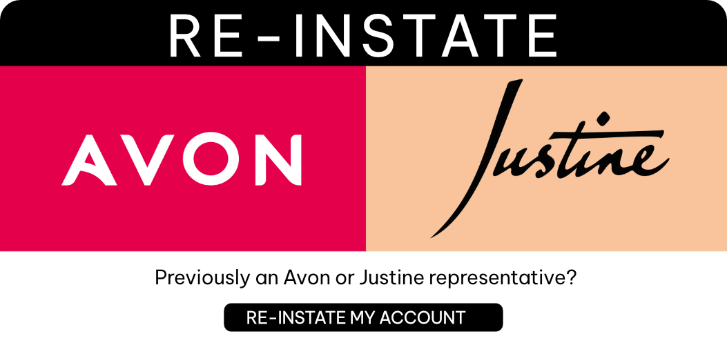 Advertisement for Avon and Justine, with logos and a call to reinstate accounts.