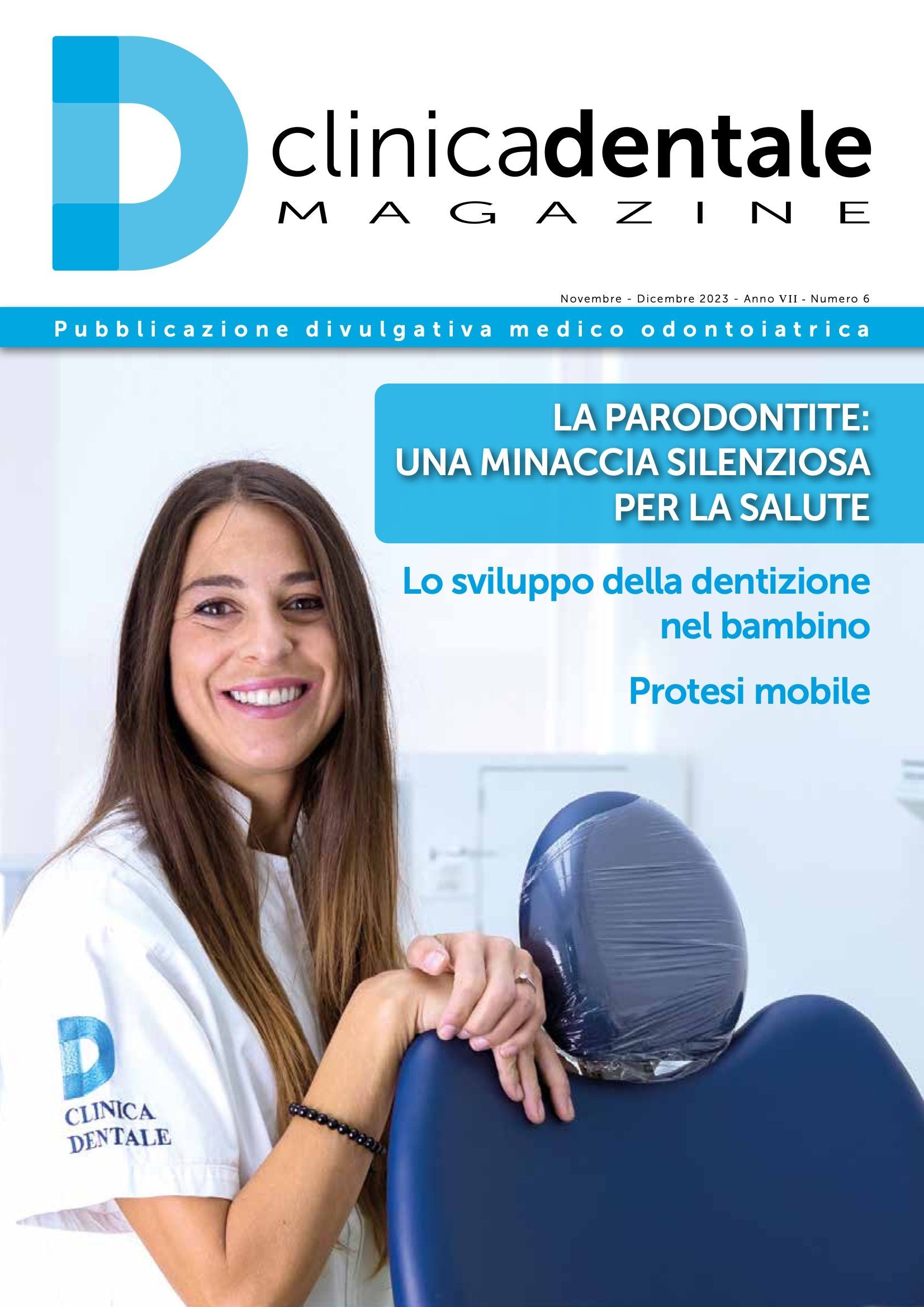 Una donna è in piedi accanto a una poltrona odontoiatrica sulla copertina della rivista Clinica Dentale