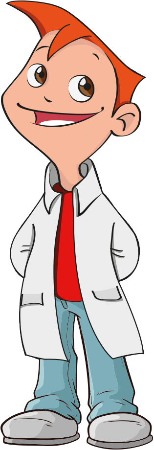 Un dentista cartone animato con i capelli rossi indossa un camice bianco e una cravatta rossa.
