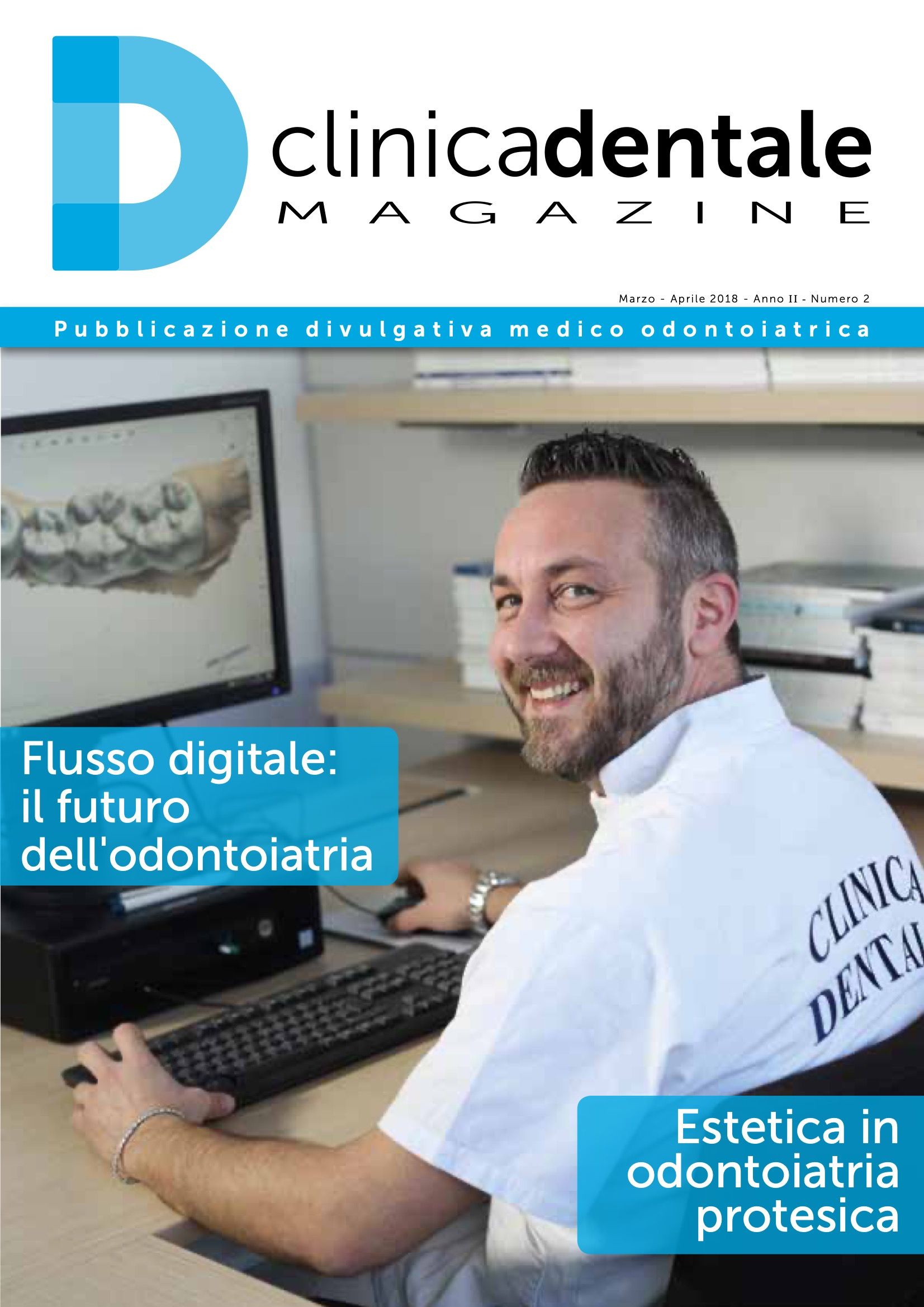 Un uomo è seduto davanti al computer sulla copertina della rivista clinicadentale