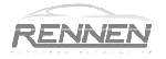 A black and white logo for rennen with a car in the background.