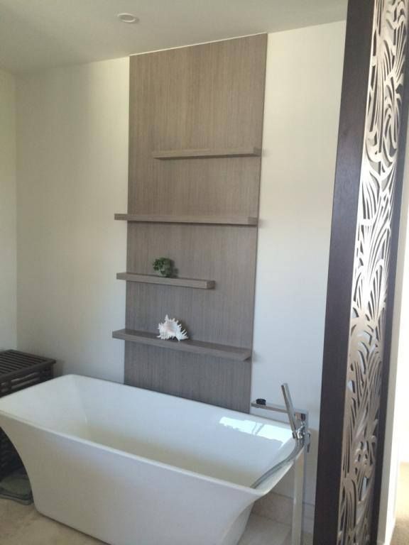 Modern Bathroom With Freestanding Tub, Shelves, and Decorative Wall Panel — Akyrah Kitchens in Gympie, QLD