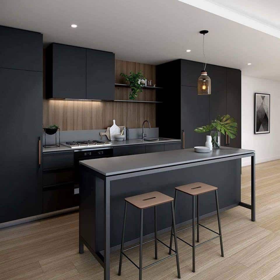 Modern Kitchen With Black Cabinets, Island, and Wooden Accents — Akyrah Kitchens in Gympie, QLD