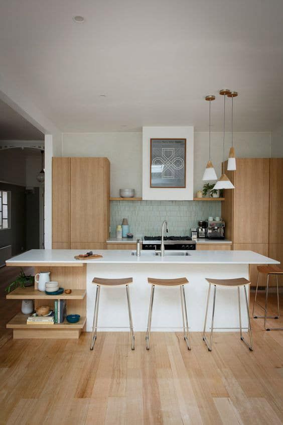 Modern Kitchen With Light Wood Cabinets, White Island With Stools, and Pendant Lights — Akyrah Kitchens in Gympie, QLD