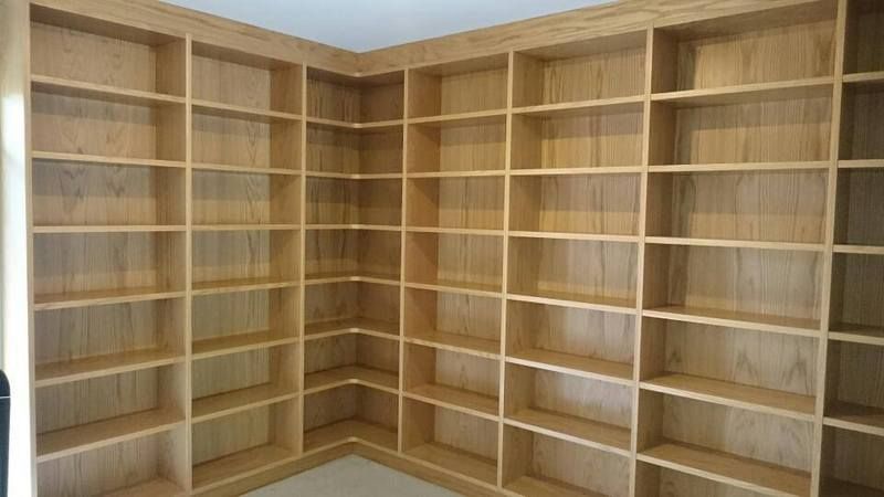 Built-in Wooden Bookshelves Filling a Corner, Honey-toned With Many Open Cubicles — Akyrah Kitchens in Gympie, QLD