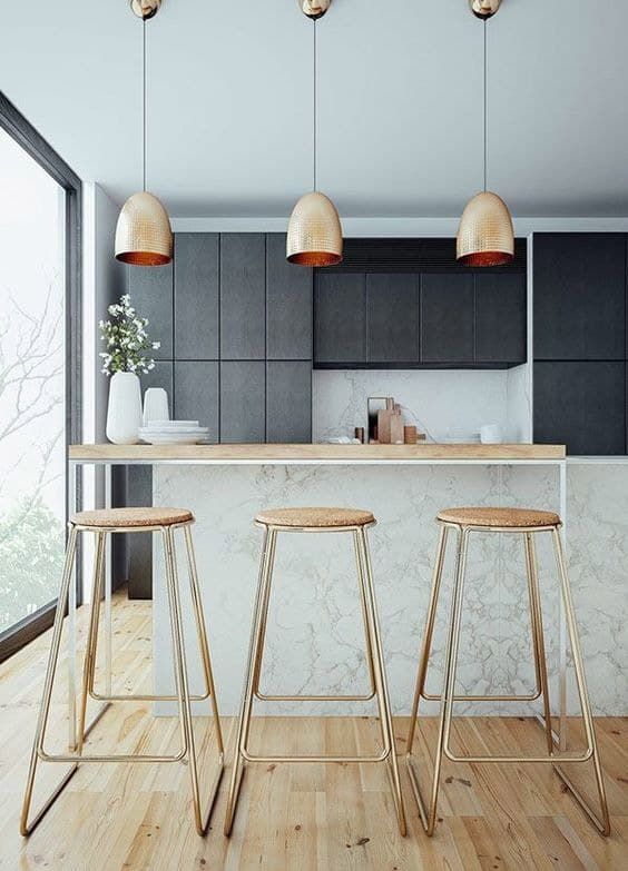 Kitchen With Island and Three Gold Bar Stools, Pendant Lights Above — Akyrah Kitchens in Gympie, QLD