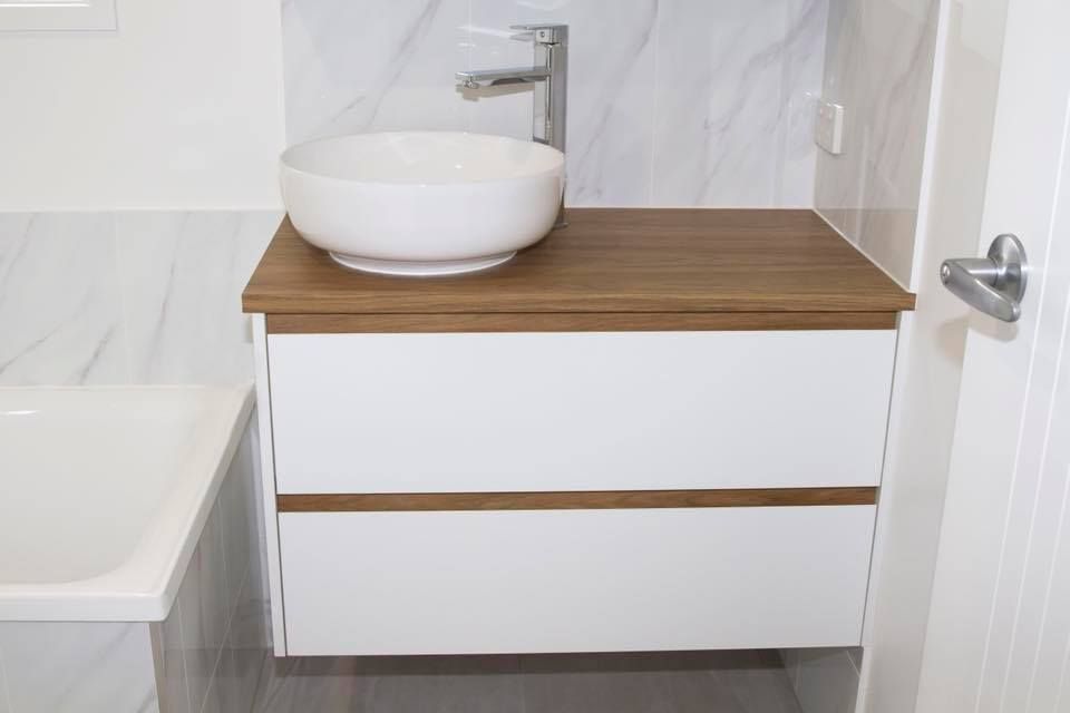 Bathroom Vanity With White Cabinet, Wood Countertop, Bowl Sink, and Chrome Faucet — Akyrah Kitchens in Gympie, QLD