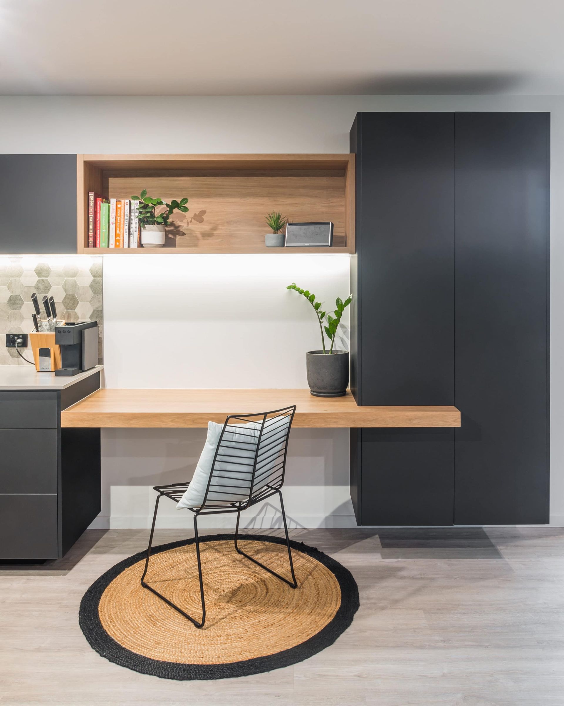 Built-in Home Office With Desk, Shelving, and Black Storage Cabinets — Akyrah Kitchens in Gympie, QLD