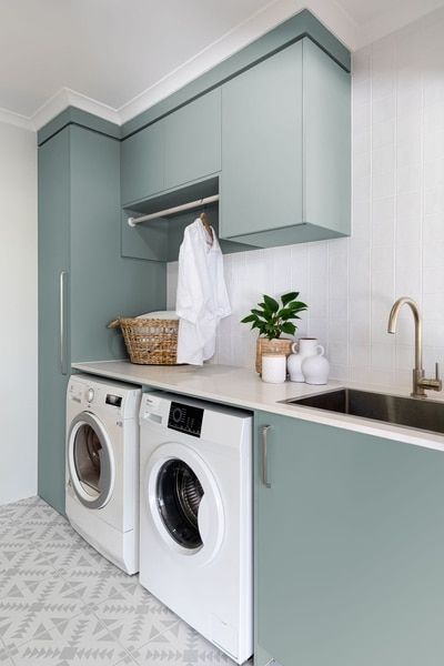 Laundry Room With Blue-green Cabinets, White Appliances, and a Countertop — Akyrah Kitchens in Gympie, QLD