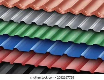 A stack of different colored metal roof tiles.