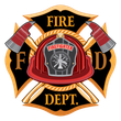 A fire department logo with a firefighter 's helmet and crossed axes