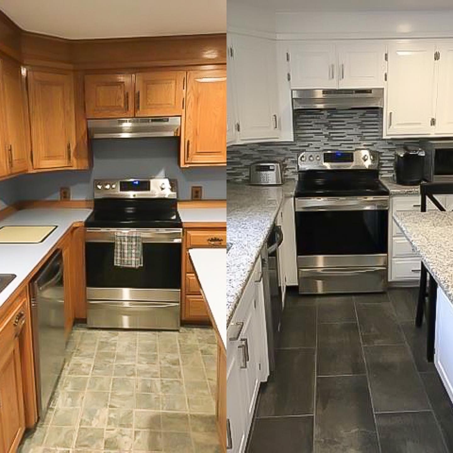 A before and after photo of a kitchen with stainless steel appliances