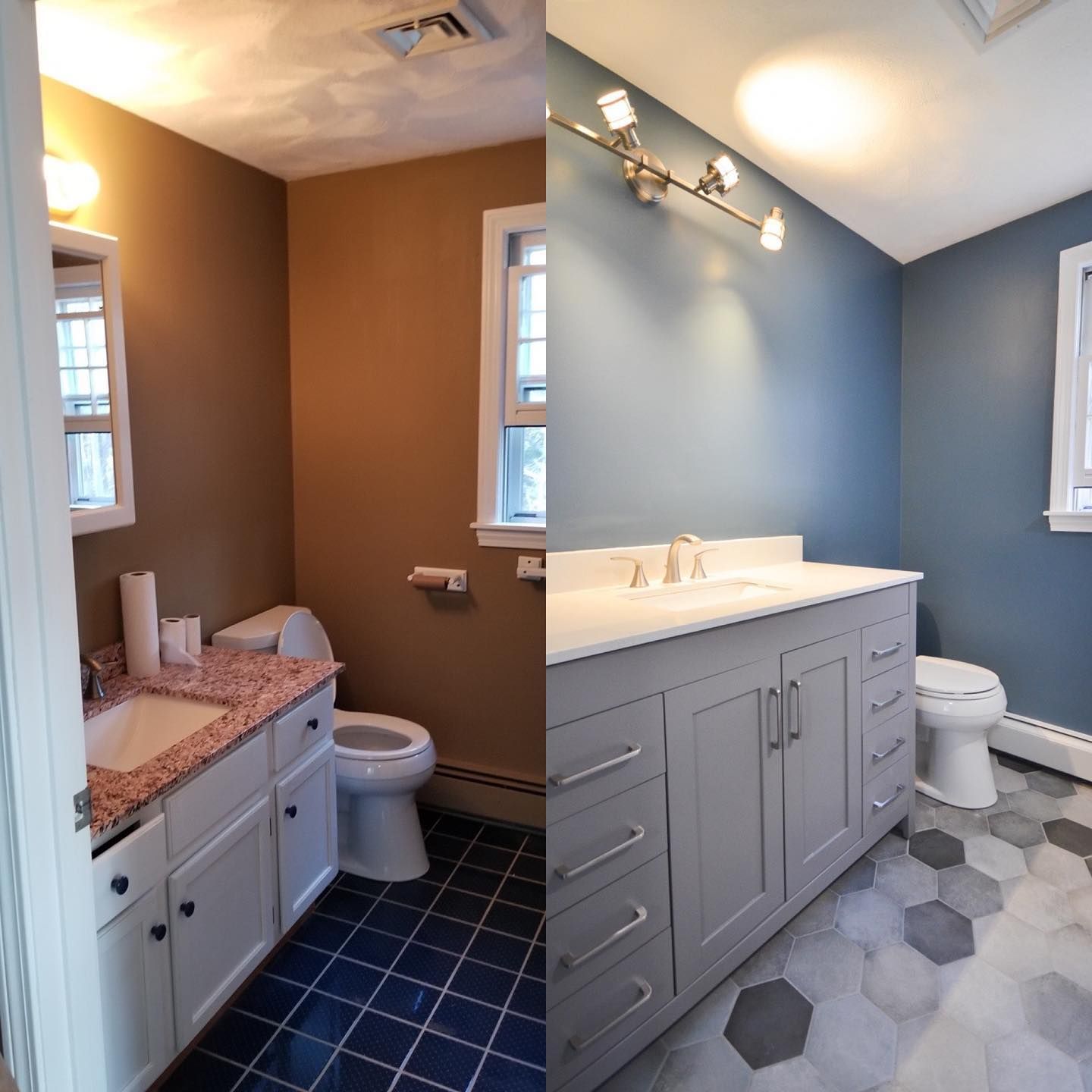 A before and after photo of a bathroom