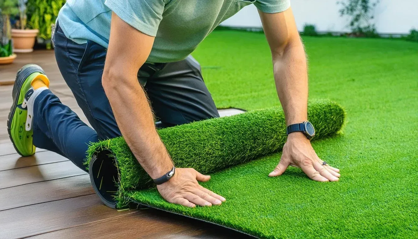 Man installing artificial grass roll on a wooden deck.