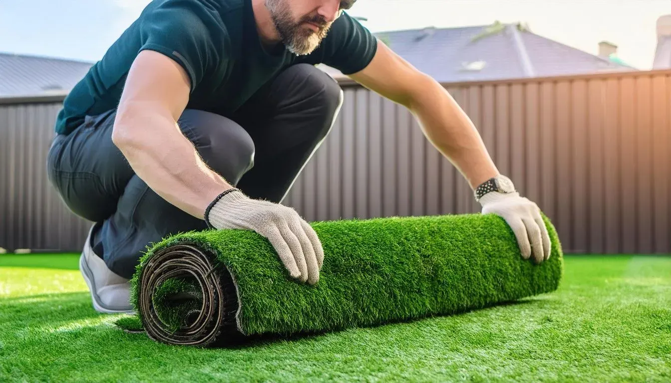 Man unrolling artificial grass turf in a backyard.