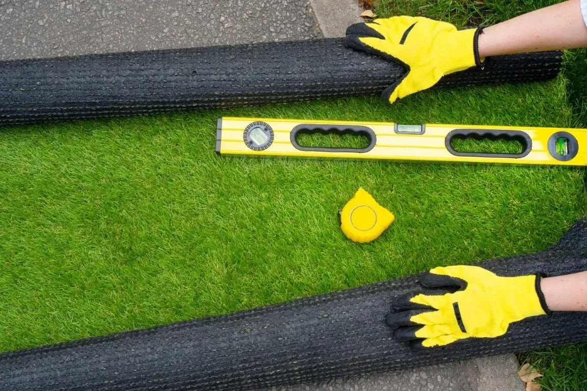 Person installing artificial grass with level and tape measure.