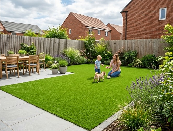 Woman and child playing with dog on artificial grass lawn.