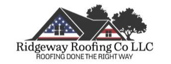 Ridgeway Roofing Co LLC logo with roof design and American flag theme, tree silhouette, and tagline.