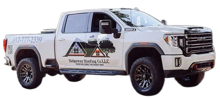 White GMC truck with roofing company logo.