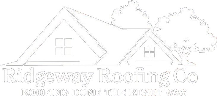Ridgeway Roofing Co. logo with house and tree outline. Text says