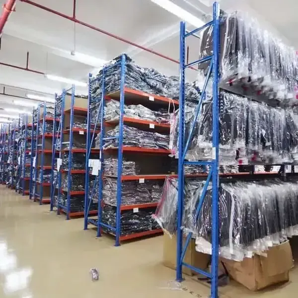 A warehouse filled with lots of clothes on shelves
