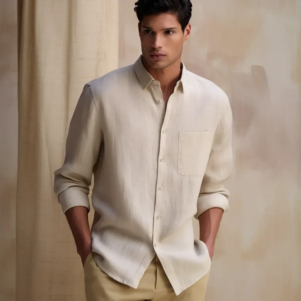 A man is wearing a white shirt and tan pants