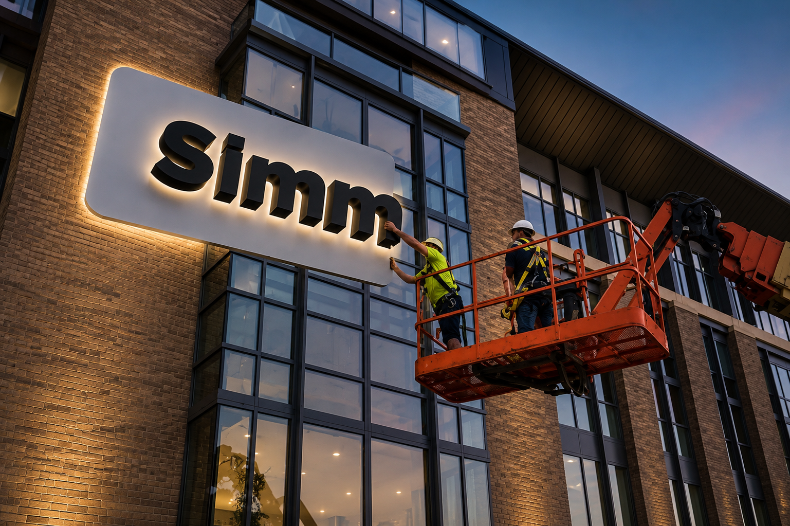 Workers on a lift installing or repairing a lit sign on a brick building at dusk