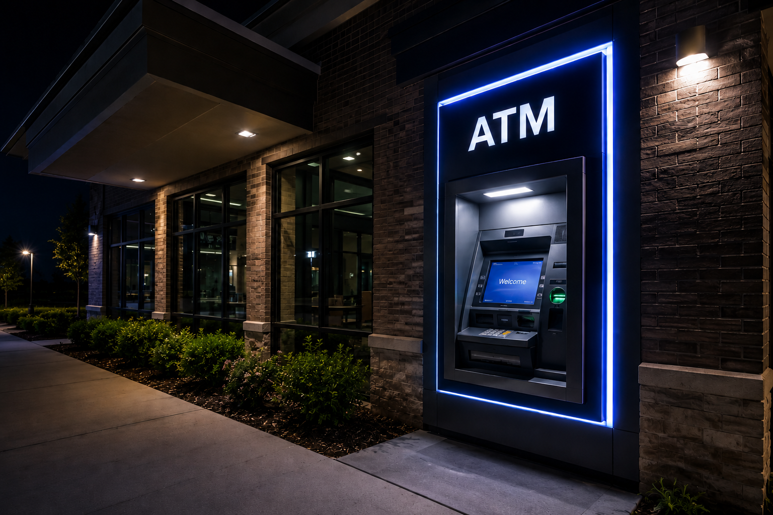 Illuminated ATM in a dark building entrance at night