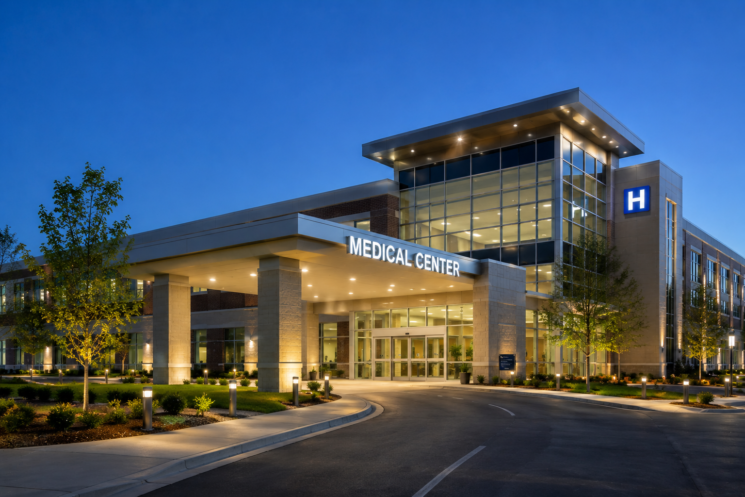 Modern medical center entrance at dusk with glass facade and illuminated sign