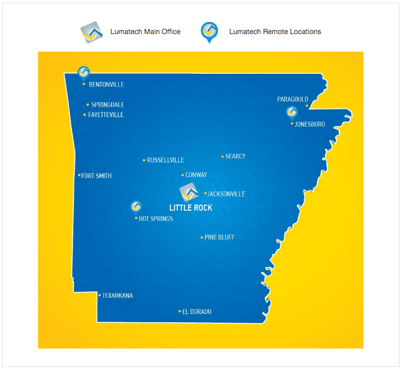 Picture of Arkansas detailing LumaTech's main office and remote locations