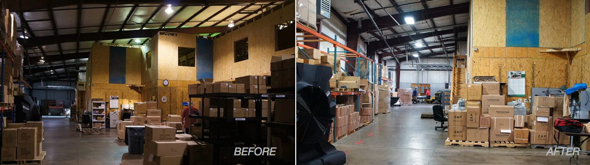 Before and after pictures of Personal Security Products Lighting Project