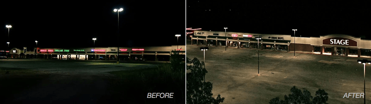 Before and after pictures of Eagle Mountain Shopping Center Lighting