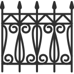 Black wrought iron fence with pointed tops and ornate scrollwork.