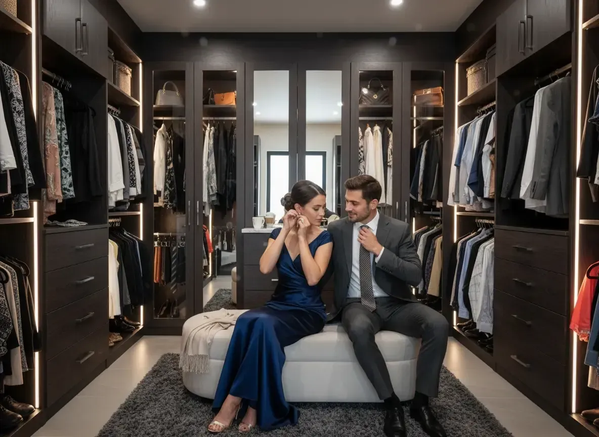 A man and a woman sitting closet to each other on a chair in their custom walk-in closet in Sarasota, FL