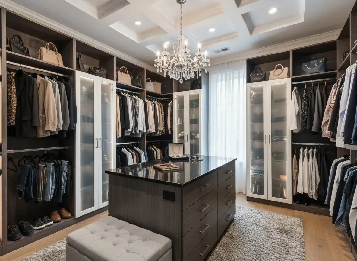 A master closet with an island in the middle, white doors with glass in the middle, and a chandelier above