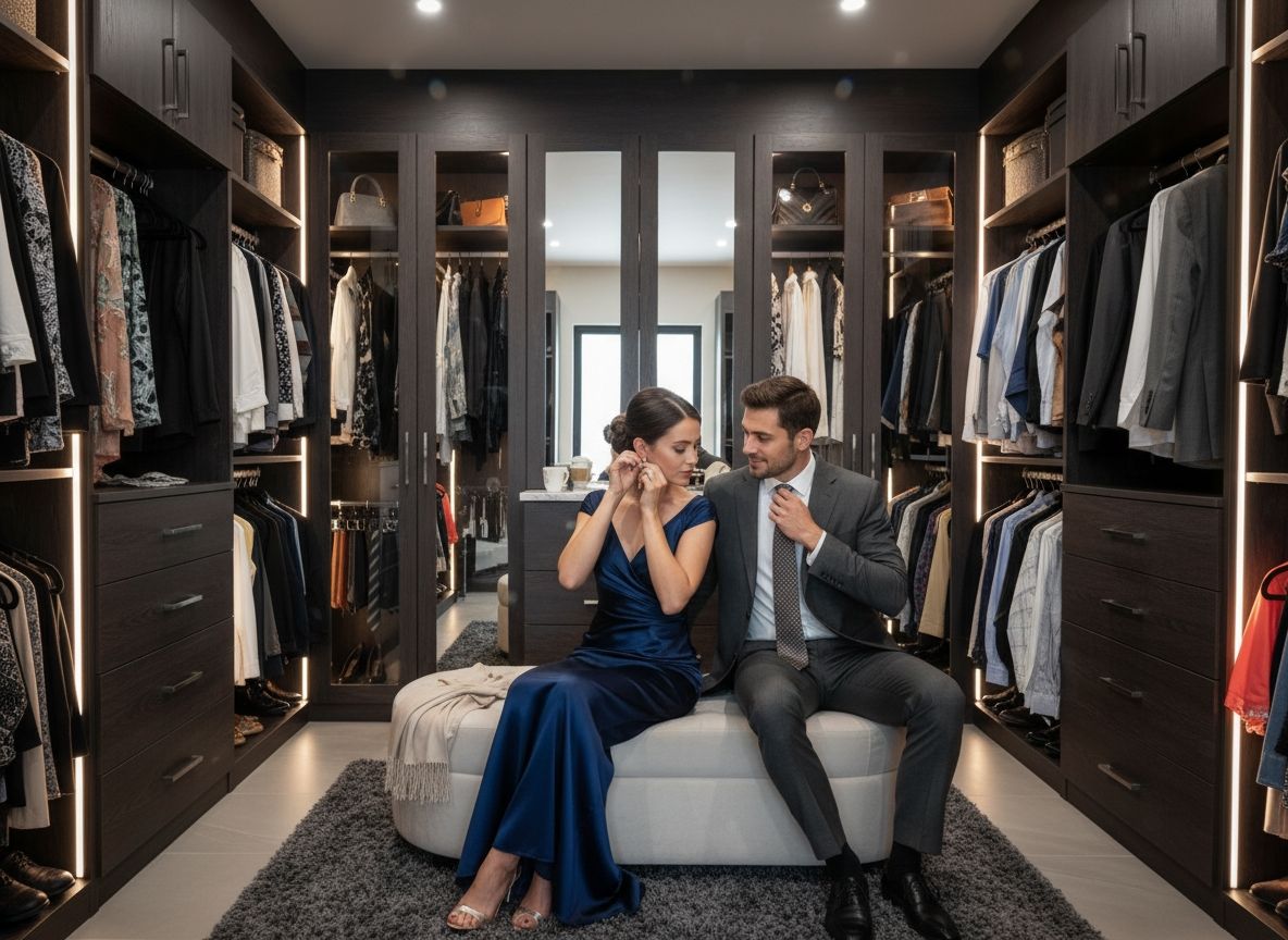 A man and a woman sitting closet to each other on a chair in their custom walk-in closet in Sarasota, FL