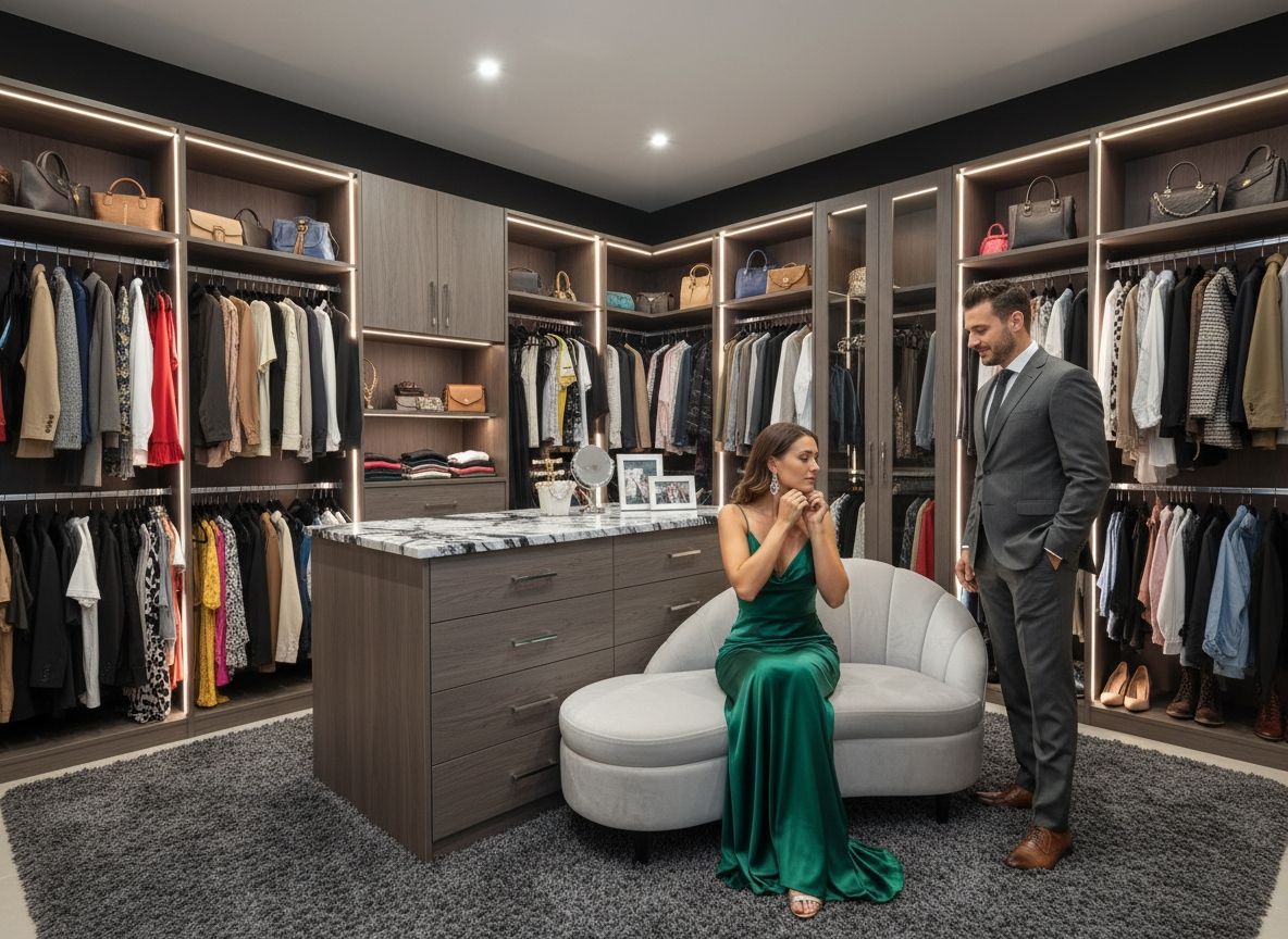 A couple in their new walk-in closet, getting ready for a night out in Sarasota