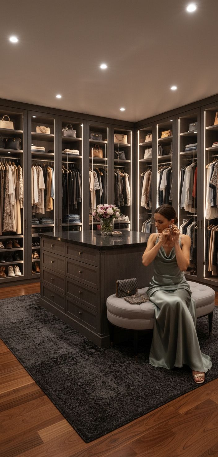 A custom walk-in closet with glass doors, and a woman putting on earrings.