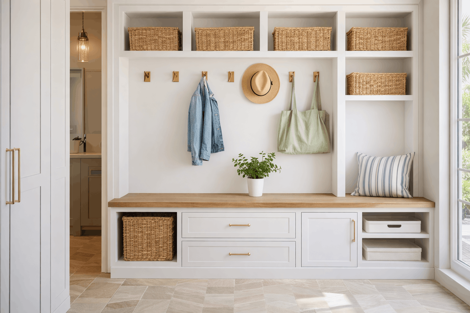 a custom coastal-style entryway closet in Sarasota, FL