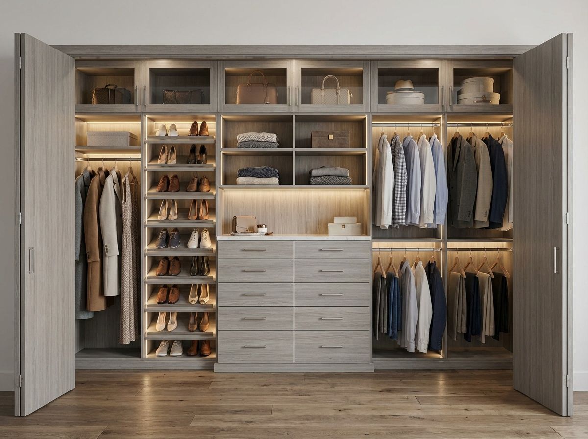 A gray custom reach-in closet with doors