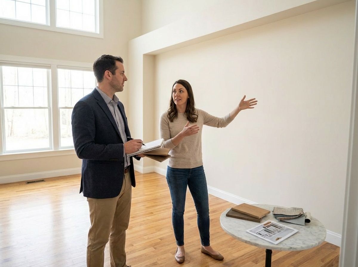 A woman showing our designer her home space and what she is envisioning for her closet project.
