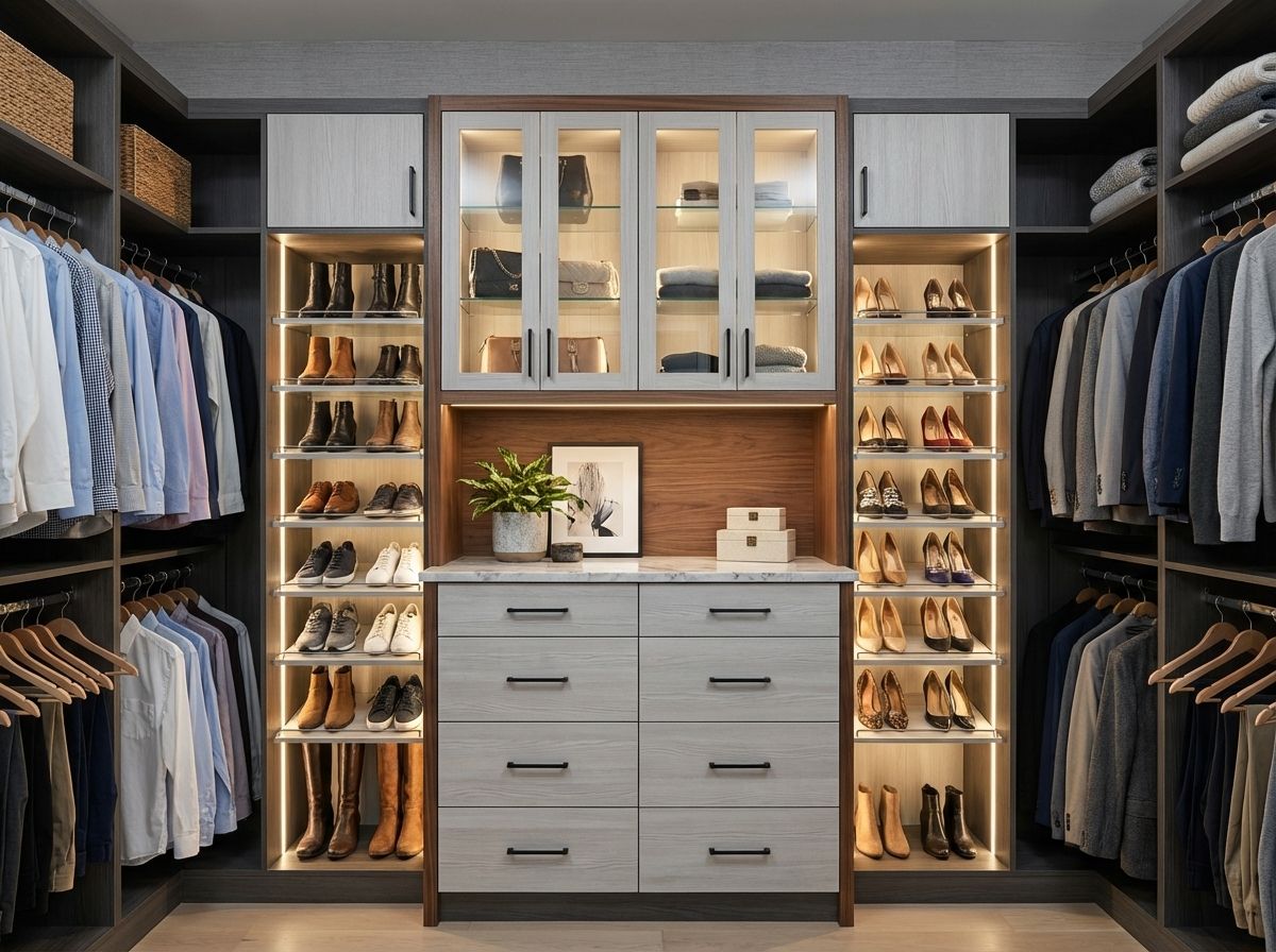 A nice, modern walk-in custom closet with many lights. Greyish color.