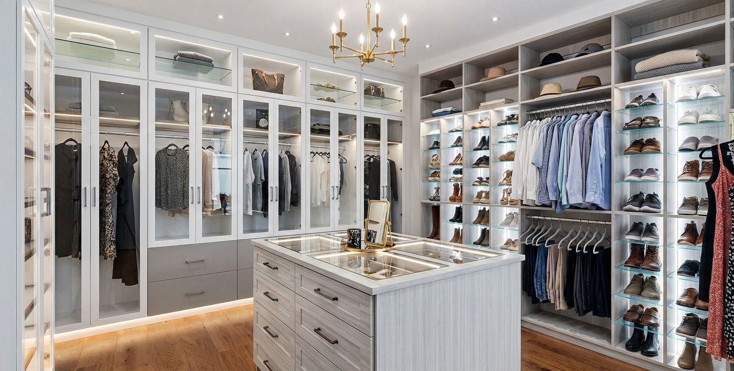 A white-colored custom walk-in closet in Sarasota, FL