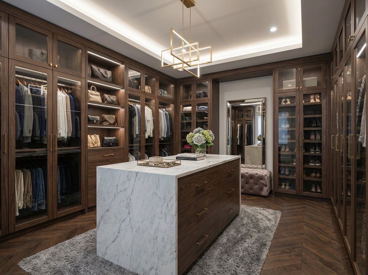 A custom walk-in closet with a modern chandelier and island