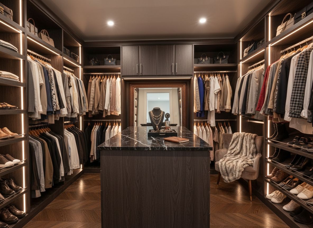 A custom, walk-in closet with an island in center and necklace holder in Sarasota, FL