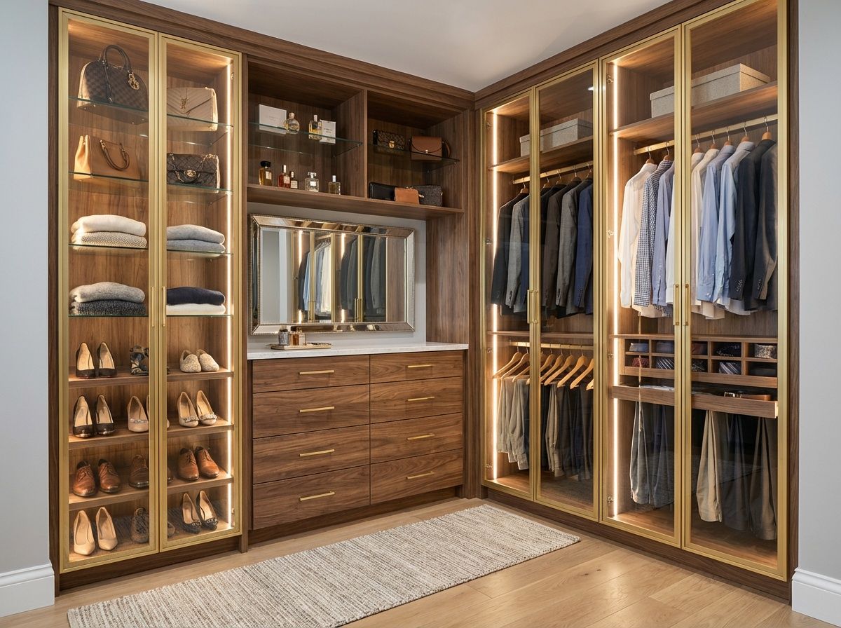 A brownish custom walk-in closet in a Sarasota home, with glass and lights